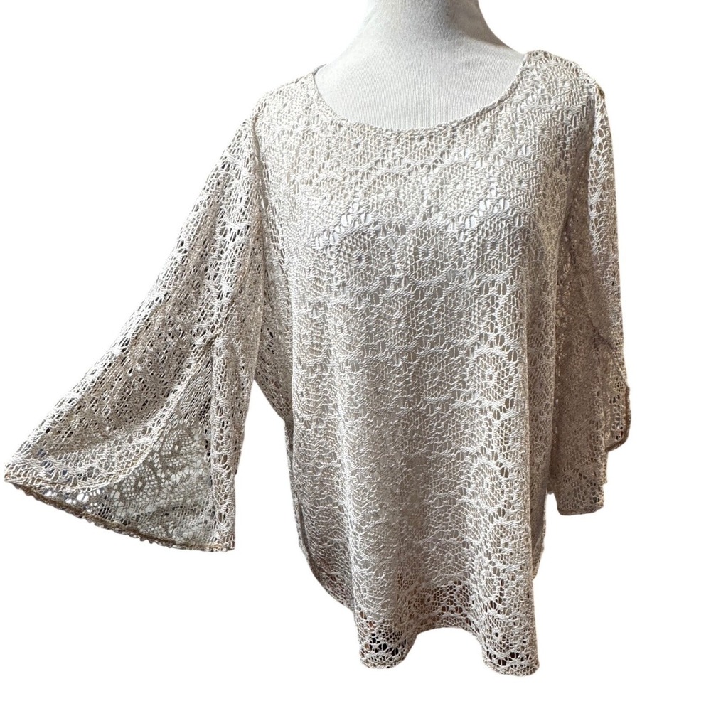 Ruby Rd Tunic Women 2X Tan Ombre Leopard Rhinestone Lace Bell Sleeve Top